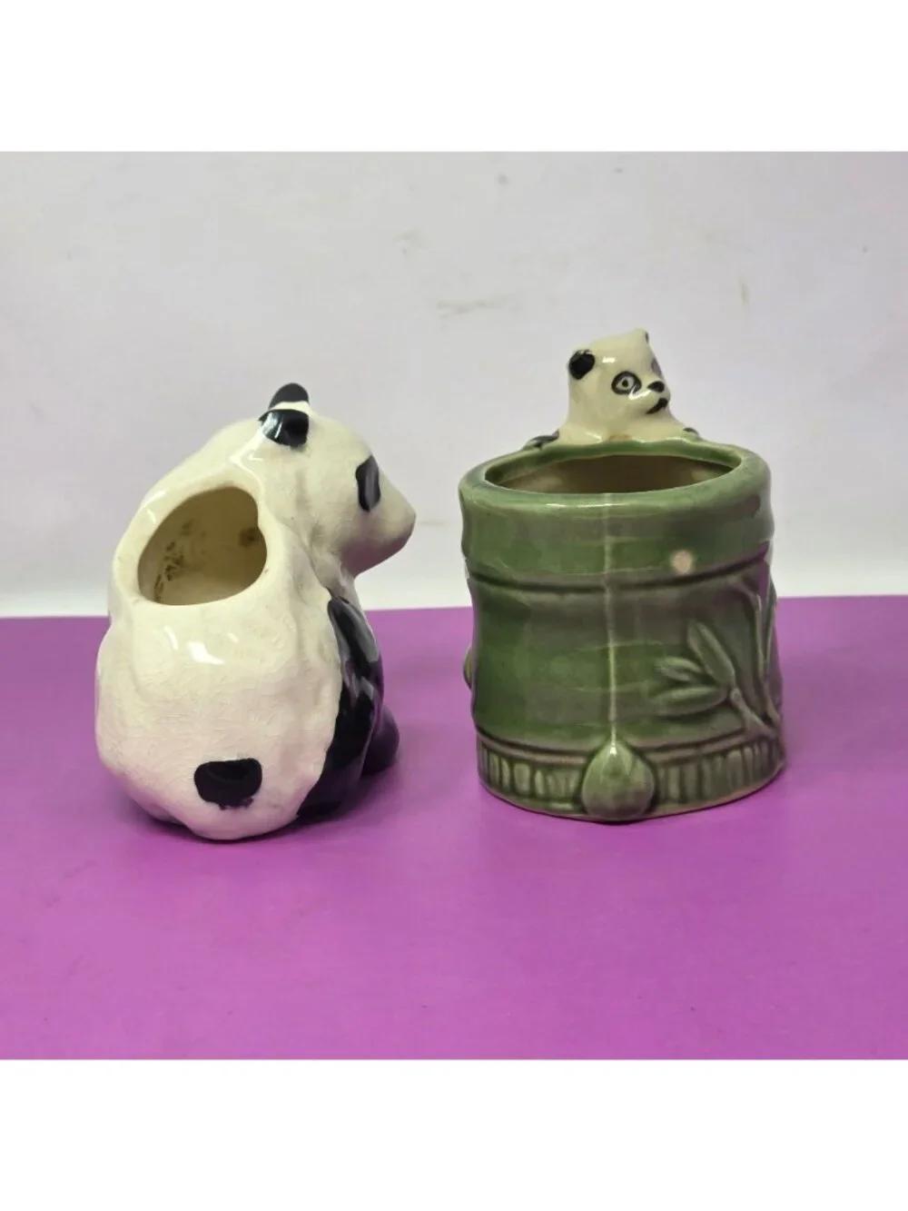 Hand-Painted Panda Ceramic Planters Set Of 2 Green Bamboo & Sitting Panda Design